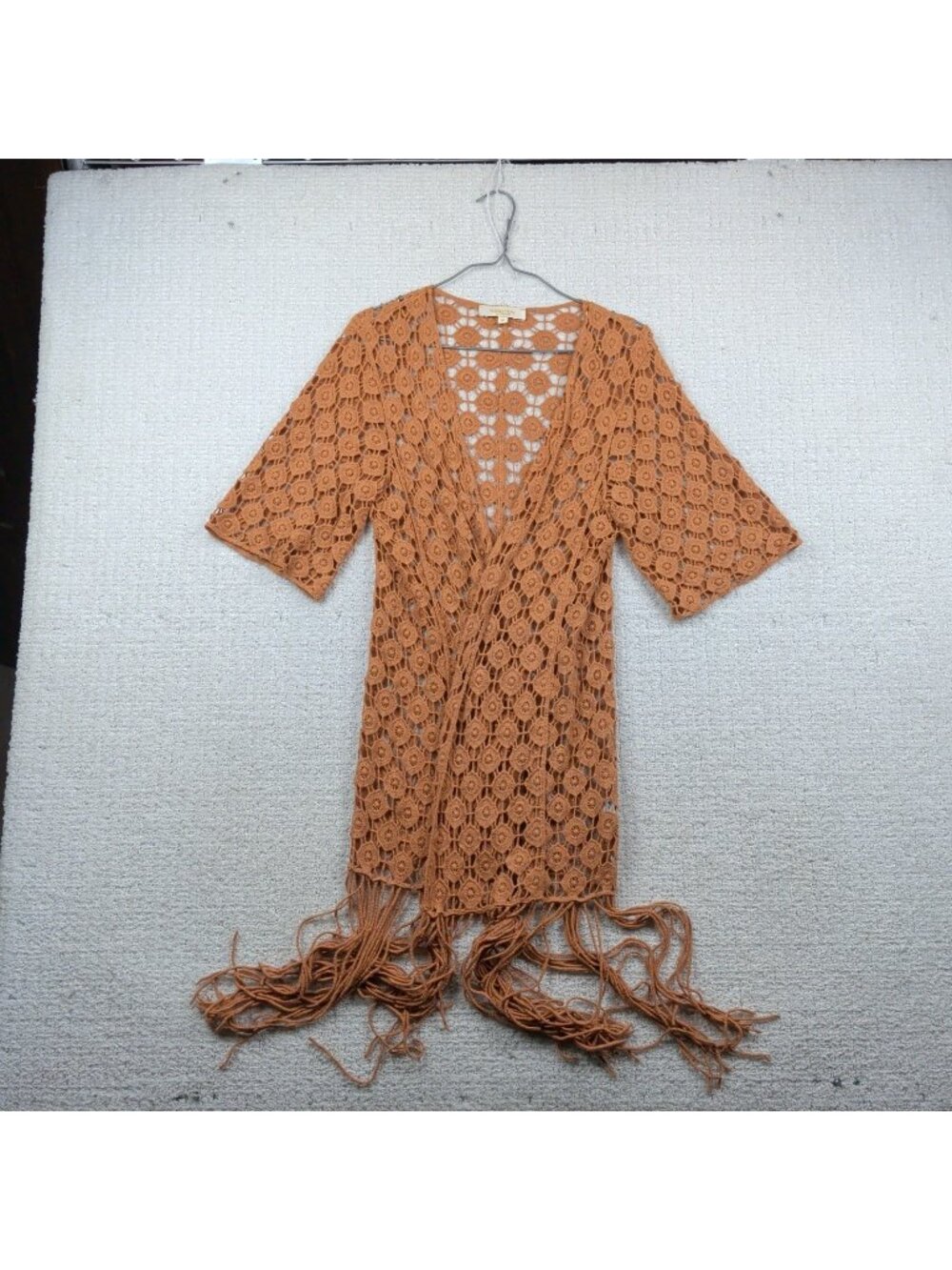 Y2K Rebellion Again Crochet Vest Kimono Open Front Fringe Boho Festival Sz M